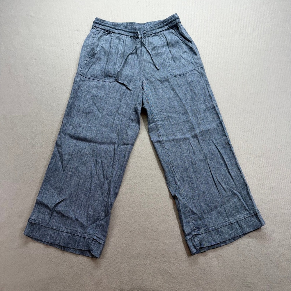 LOFT Wide Leg Pants Womens Small Blue Linen Blend Drawstring Cropped 460529